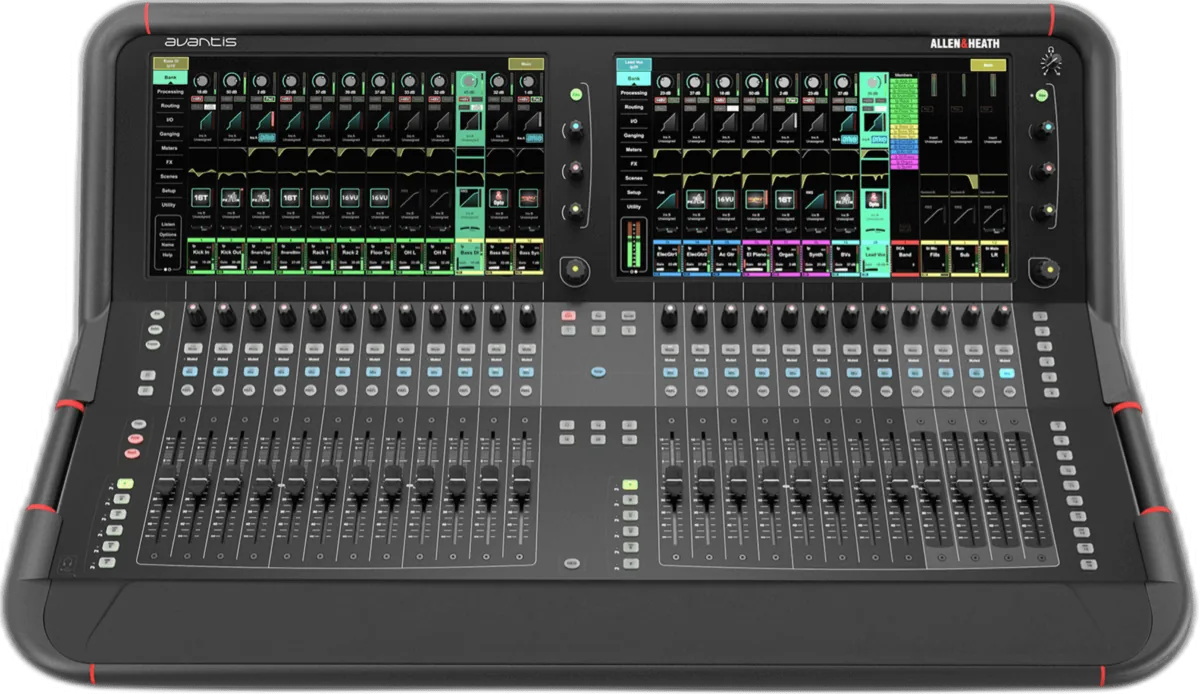 Allen & Heath Avantis digital mixing console, top-down view of the control surface showing motorised faders and touchscreen