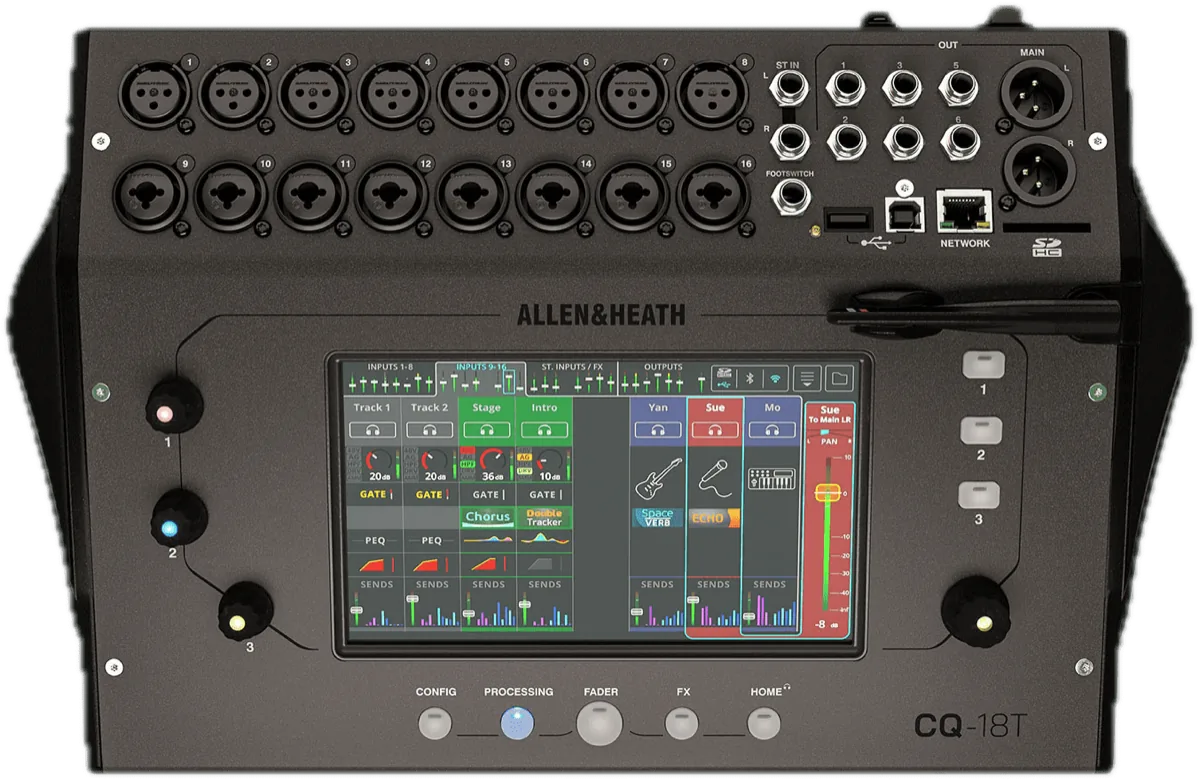 Allen & Heath CQ-18T compact digital mixer, front panel with touchscreen