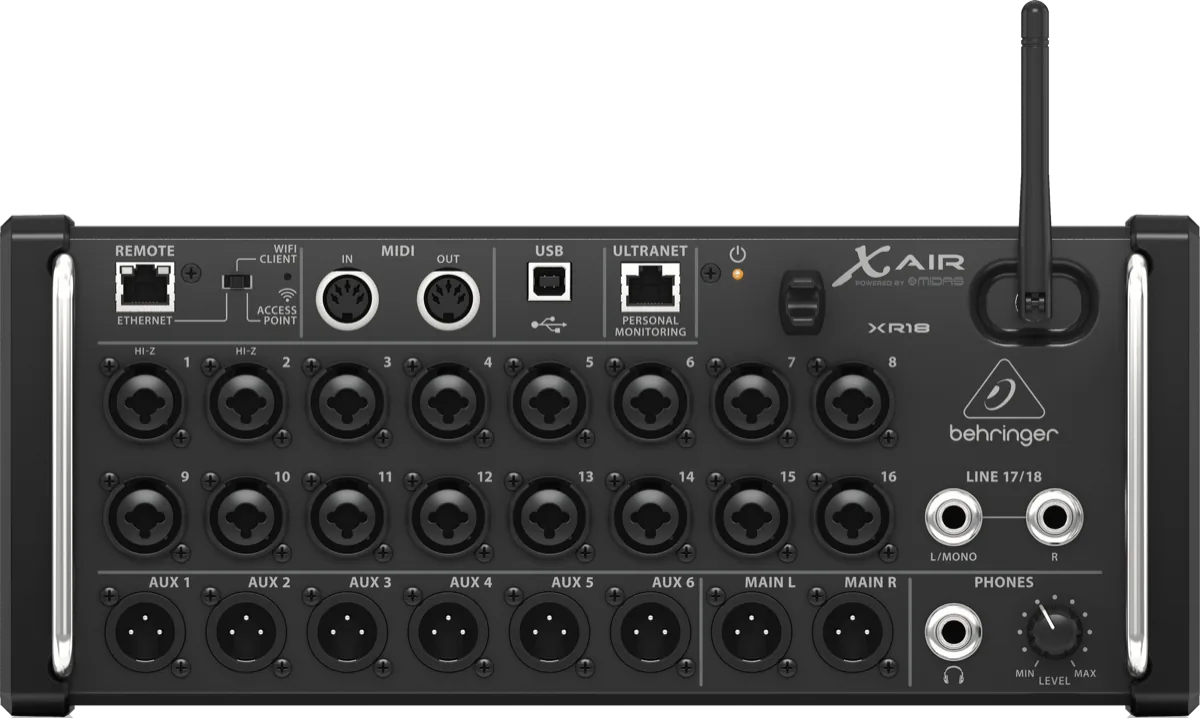 Behringer XR18 X-Air rack-mount digital mixer, front panel with input connectors