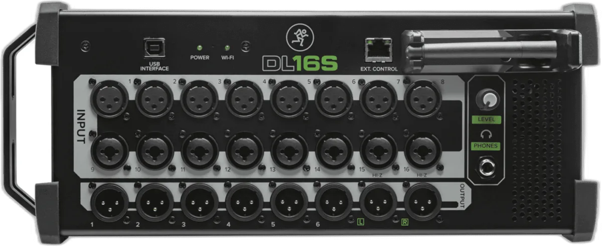 Mackie DL-series rack-mount digital mixer with an iPad docked in the control bay, front three-quarter view
