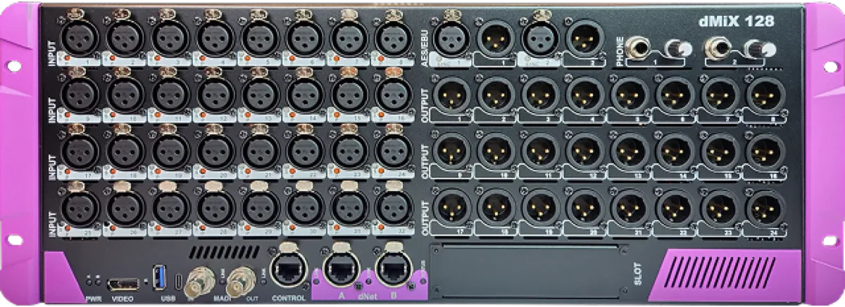 Violet Audio dMix 128 rack-mount networked digital mixer, front panel view